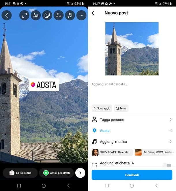come mettere posizione Instagram storie e post