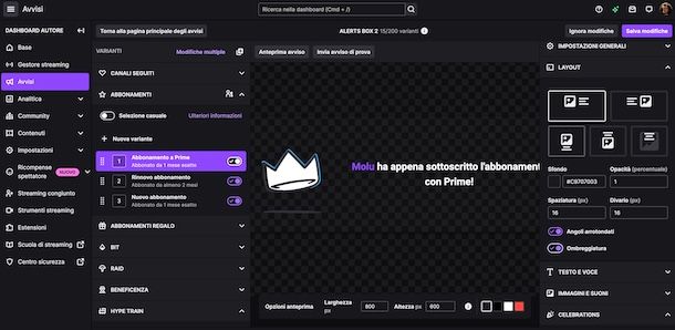 Modificare un alert su Twitch
