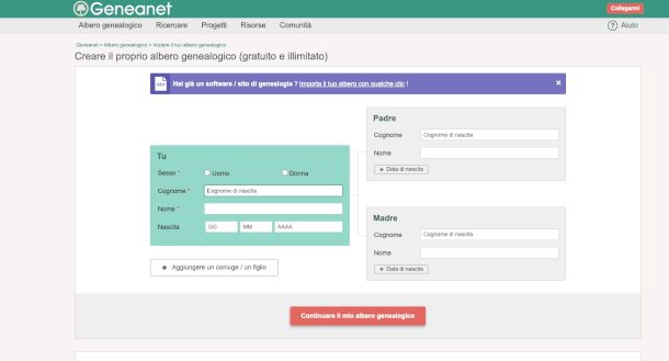 funzione di ricerca su sito Geneanet