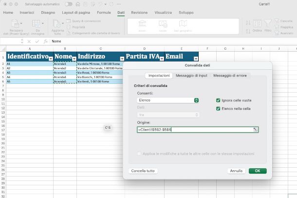 convalida dei dati su Excel