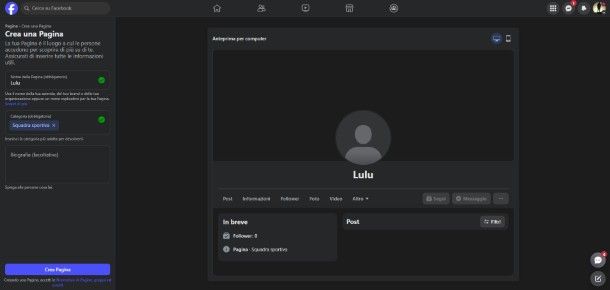 Crea pagina Facebook