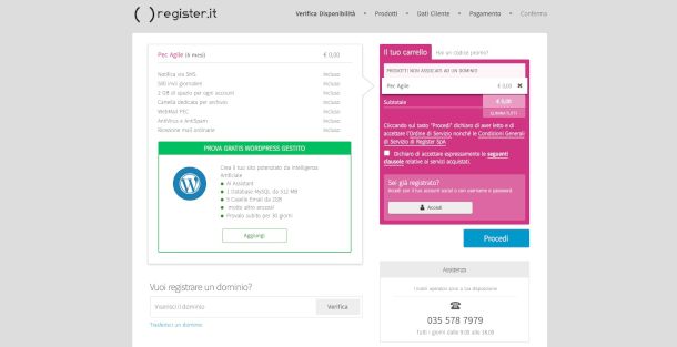pagina attivazione Agile pec di register.it