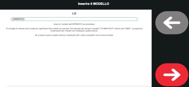 Inserimento modello del televisore