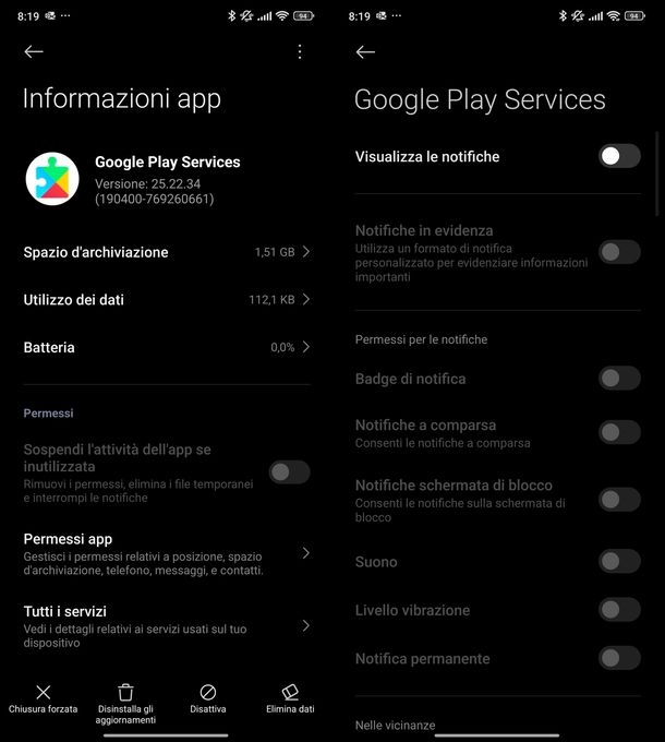 Disattivare notifiche Google Play Services Android