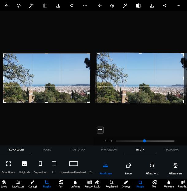 schermate funzione Ruota su app Photoshop Express