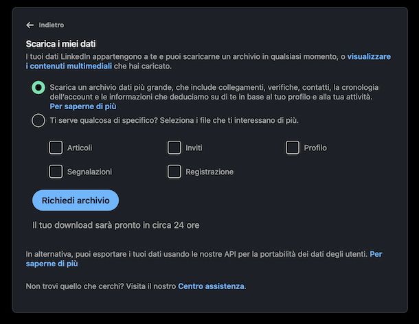 Backup dati profilo LinkedIn