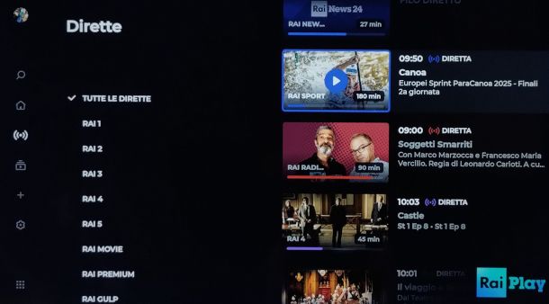 schermata dirette app RaiPlay FireTV