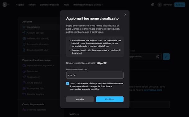 Modificare nome Epic Games