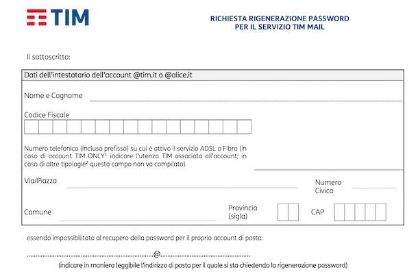 Modulo richiesta cambio password Alice Mail