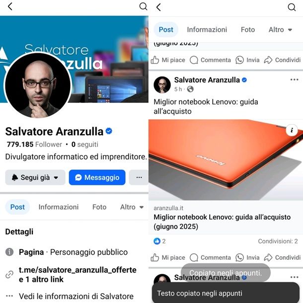 Come copiare un contenuto dall'app Facebook