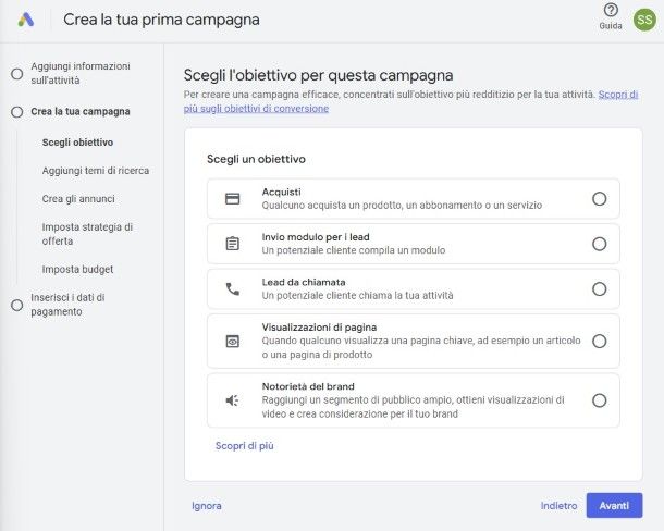 Obiettivi Google Ads