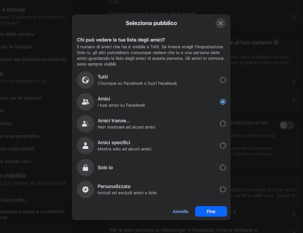 Impostazioni privacy amici Facebook Web
