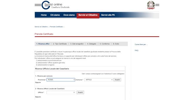 interfaccia sistema di prenotazione casellario giudiziale