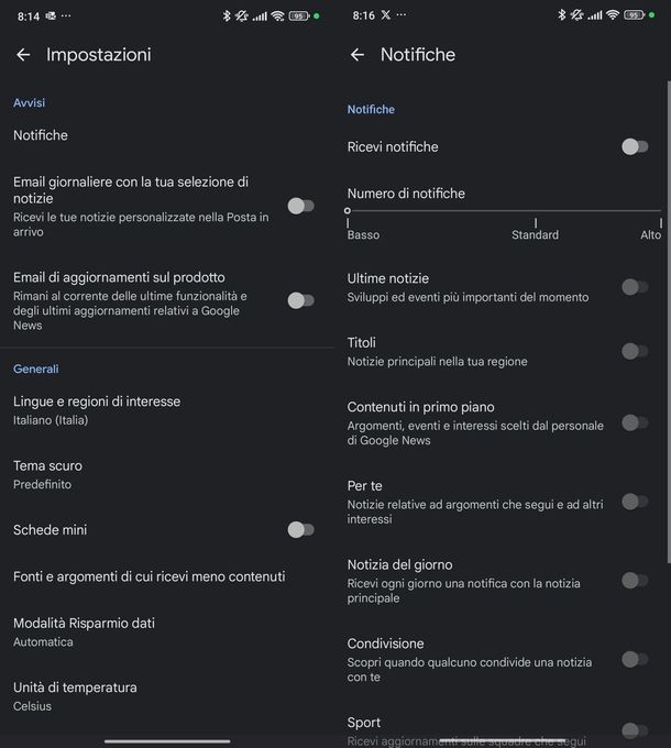 Disattivare notifiche Google News Android