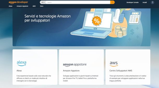 home page sito Developer di Amazon