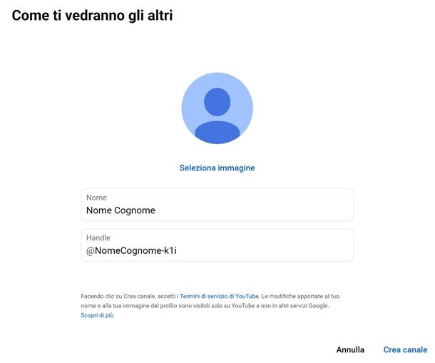 creare canale yt