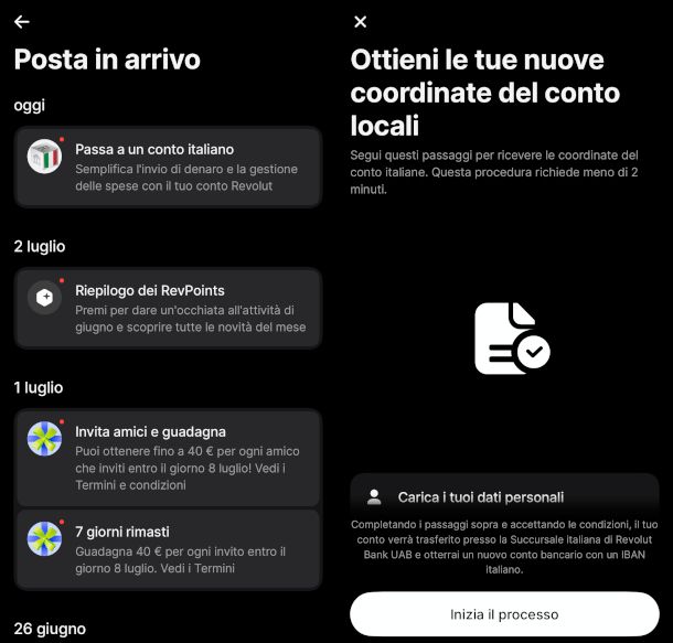 avvio della procedura di migrazione a IBAN italiano dall'app Revolut