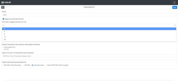 impostazione aggiornamento automatico piattaforma m3u.in