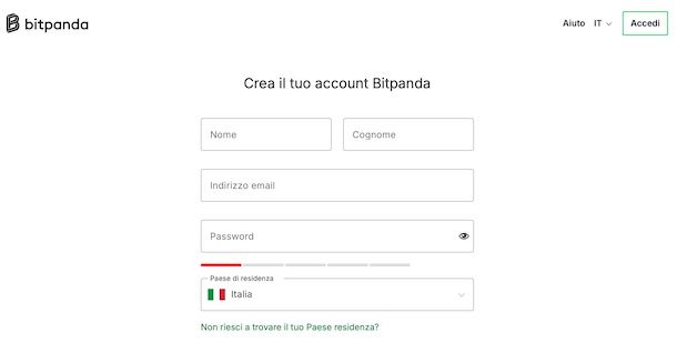 Creare account su Bitpanda da computer