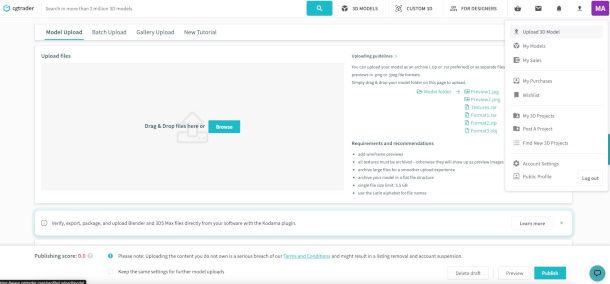 schermata di pubblicazione di un progetto su CGTrader