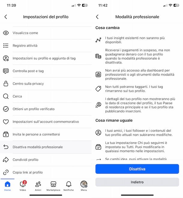 Togliere profilo professionale Facebook