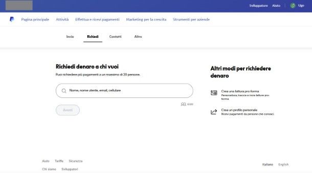 Richiedi denaro PayPal