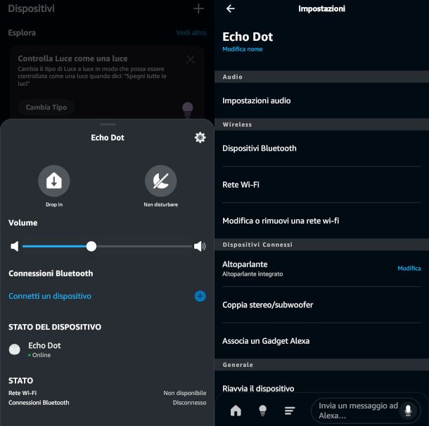 schermate app Alexa impostazioni Echo Dot
