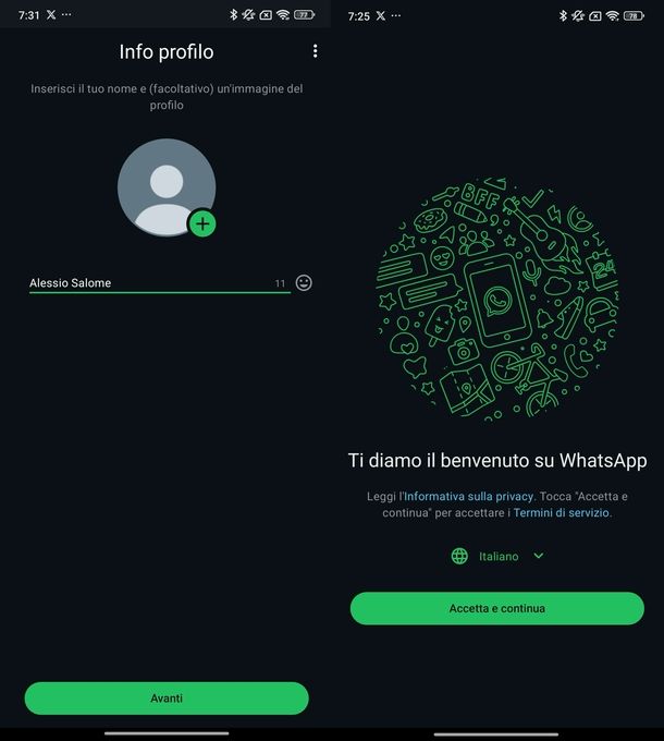 Creare account WhatsApp Android