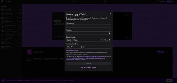 Iscrizione Twitch
