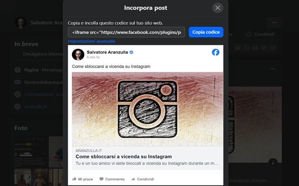 Come incorporare un post di Facebook