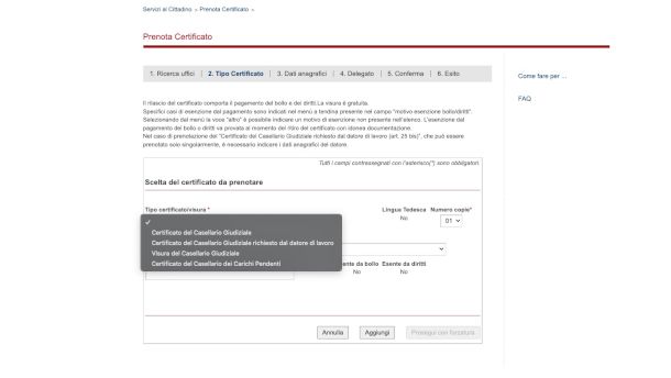 seleziona tipologia di casellario giudiziale