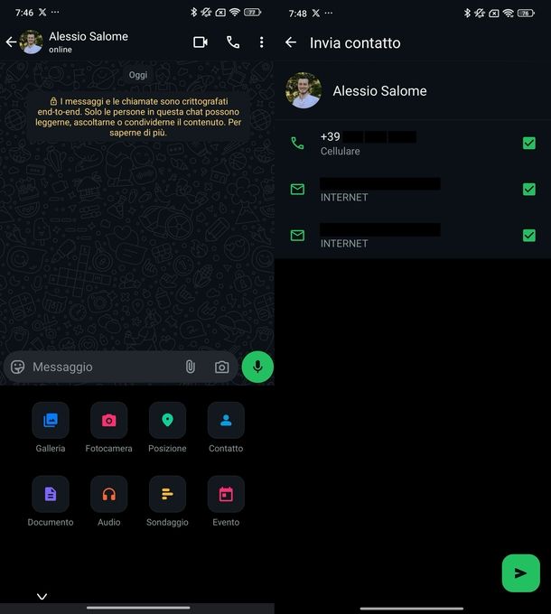 Inviare contatto chat WhatsApp Android