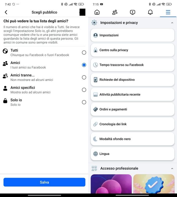 Impostazioni privacy amici Facebook Android