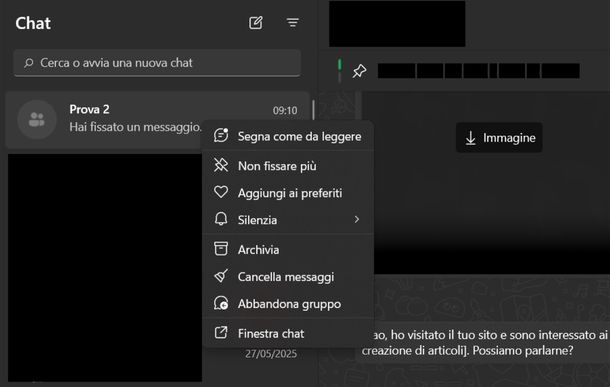 Togliere chat fissata WhatsApp Windows