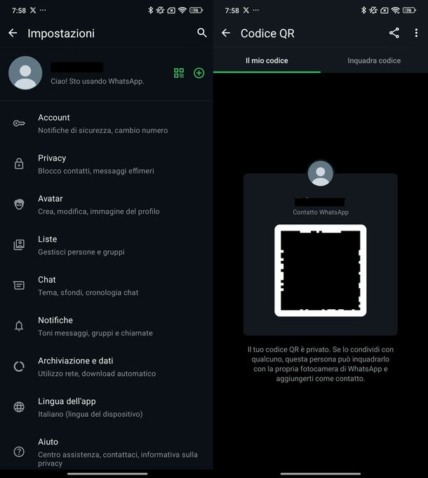 Condivisione codice QR WhatsApp Android