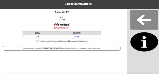 pagina sito Meliconi con codice per telecomando