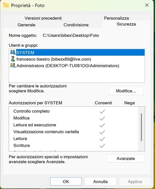 sicurezza cartella windows