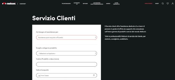 modulo di assistenza elecomandi sito Meliconi 