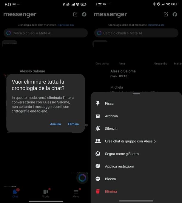 Eliminare chat Messenger Android