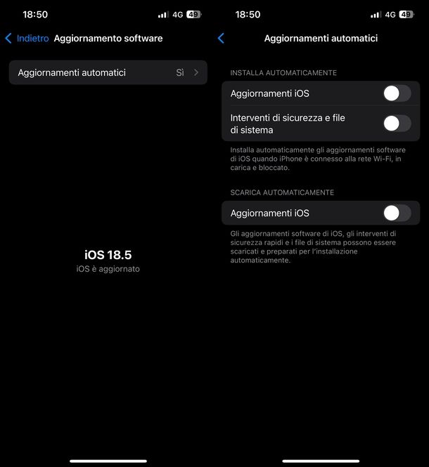 Disattivare aggiornamenti automatici software iPhone