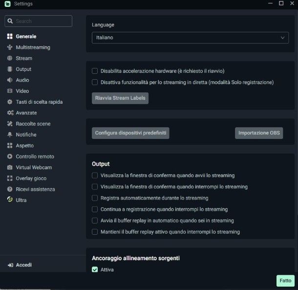 Impostazioni StreamLabs