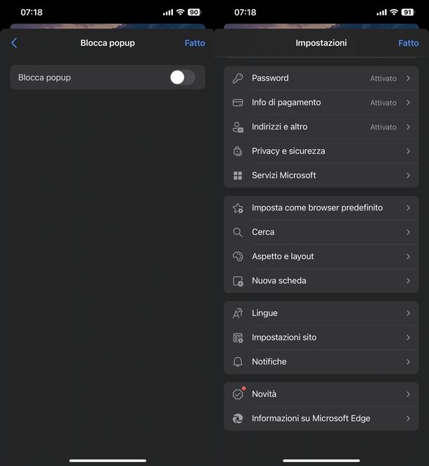 Abilitare popup iPhone Microsoft Edge