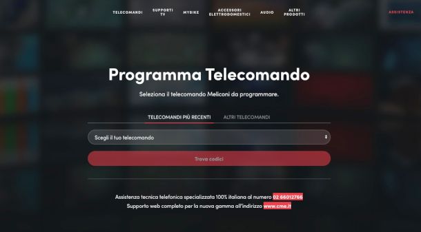 pagina Programma Telecomando del sito Meliconi 