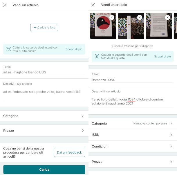 schermate pubblicazione annuncio su app Vinted