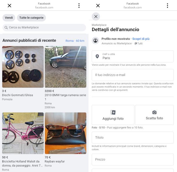 schermate Facebook Marketplace
