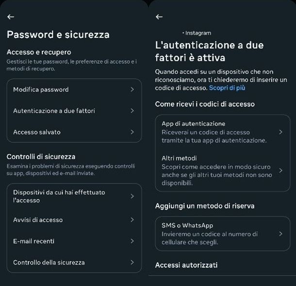 Autenticzione a due fattori Instagram