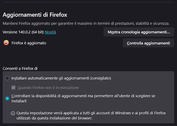 Disattivare aggiornamenti Firefox