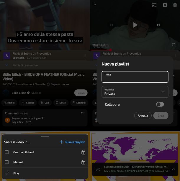 schermate app YouTube creazione playlist