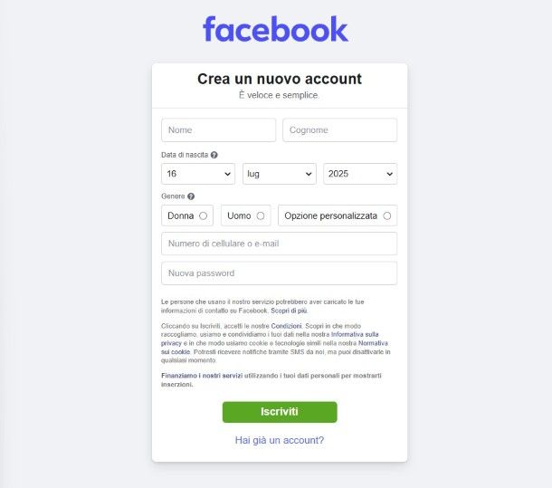 Creazione account Facebook