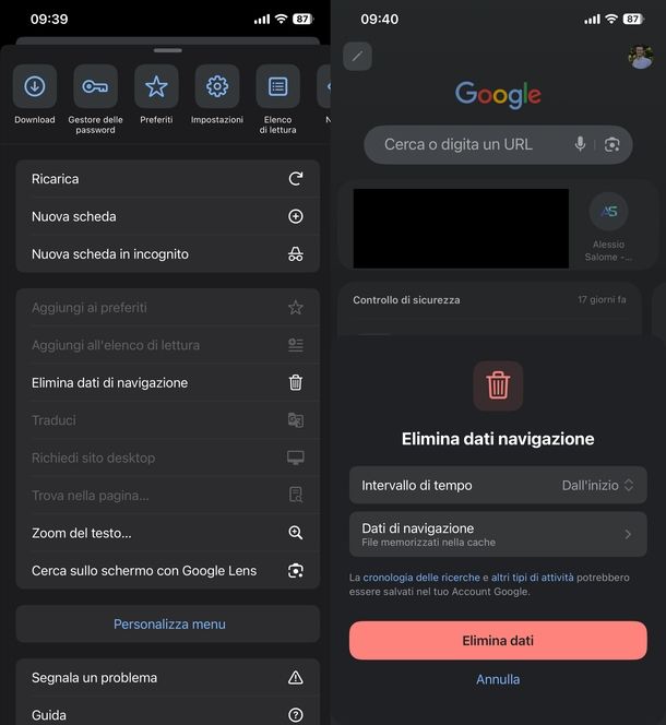 Svuotare cache Chrome iPhone